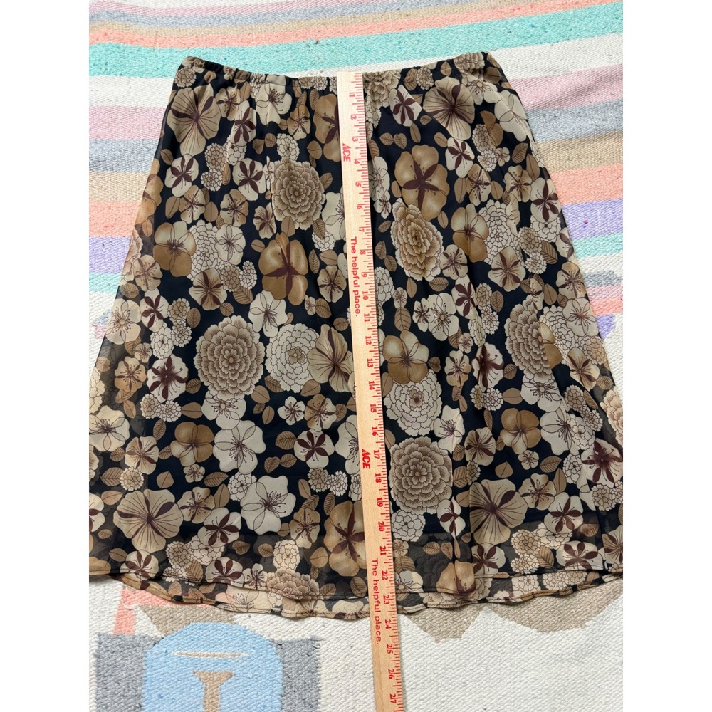Y2K Style Floral Midi Skirt Sheer Overlay Brown Black Boho Whimsy Goth - Picture 4 of 5
